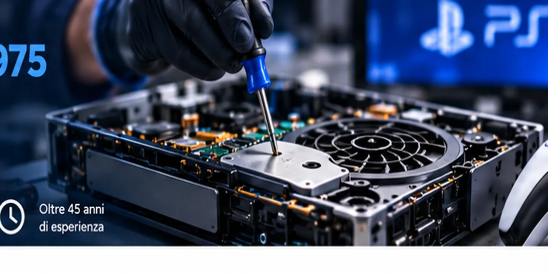Riparazione elettronica di una console PlayStation in laboratorio